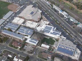 Aerial view of SFHS campus with solar panels.