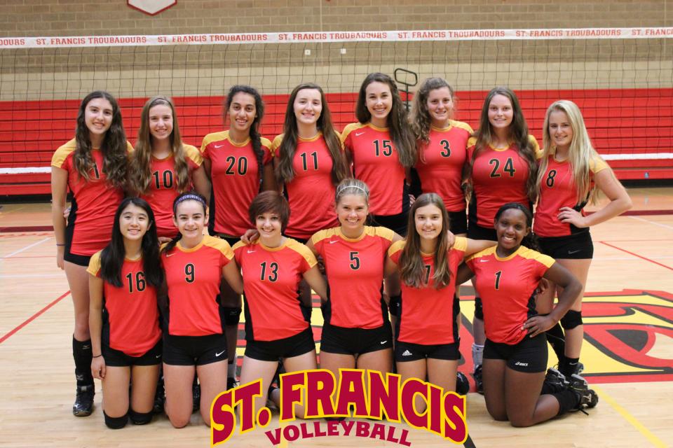 2014 St. Francis JV Volleyball Team: Front Row (L to R): Taylor Ngo, Aubrey Kenny, Olivia Birmingham, Cassidy Wilbourn, Emily Davis, Sharon Rocco. Back Row (L to R): Victoria Reyes, Madelyn Schildmeyer, Brianna Pressley, Jessica Gianulias, Natalie Woodruff, Claire Barbe, Mady Enos, Bailey Avery. 