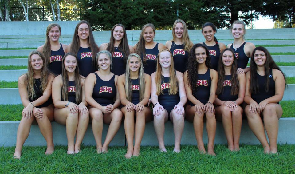 St. Francis Varsity Water Polo Team 
First Row (L to R): Caroline Urkov, Lauren Charter, Hannah Milanowski, Julie Zanobini, Sally Ferguson, Isabella Smith, Alyssa Tambornini, Madelyn Lavezzo. Back Row (L to R): Maggie Oys, Samantha Reinl, Frances Barbour, Jennalyn Barthels, Elizabeth Minor, Kira Chavez and Annie Rafeld.