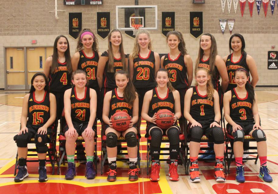 2015-16 St. Francis Junior Varsity Basketball Team: First Row (L to R): Raenalyn Montemayor, Annie McDaniel, Jorie Keitges, Lauren Pank, Adrienne Graybill, Sarah Huang. Back Row (L to R): Nika Bagatelos, Ally Gage, Nicole Frank, Maggie Malaney, Megan Austin, Morgan Kaeser, Isabella Quiniola.