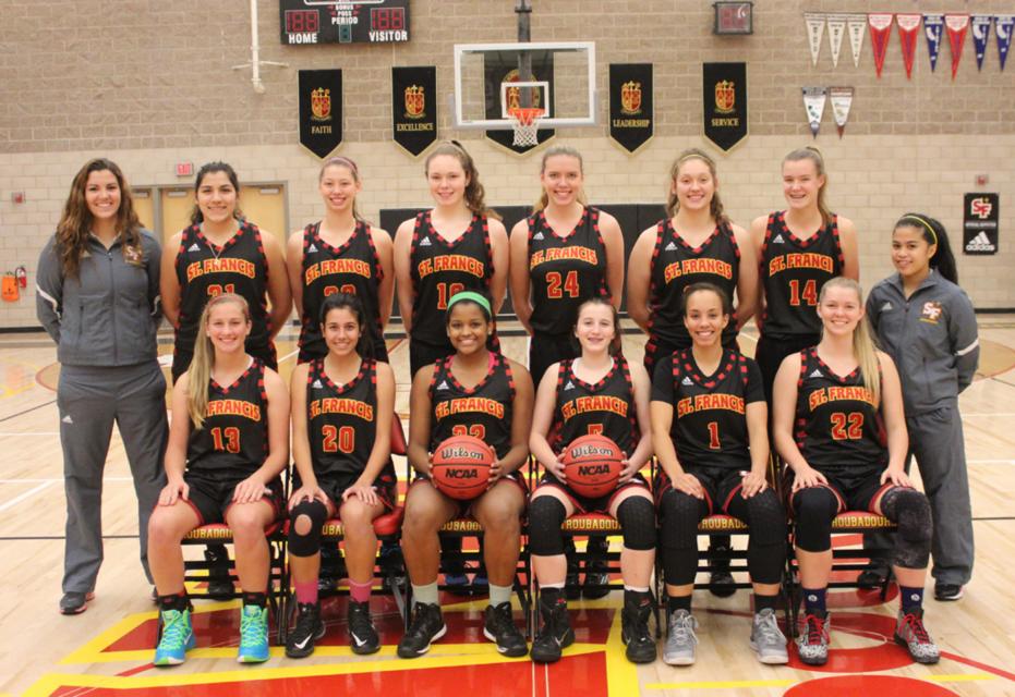 2015-16 St. Francis Varsity Basketball Team -- Back Row (L to R): Manager Clare Brennan, Angie Ortiz, Kyra Huffman, Carlie Deterding, Lauren Craig, Julia Razo, Jackie Koerwitz, Manager Rica Baccay. Front Row (L to R): Marlee Nicolos, Kelly Kraeger, Aliyah Williams, Janae Fairbrook, Tia Hay, Logan Kelly. 