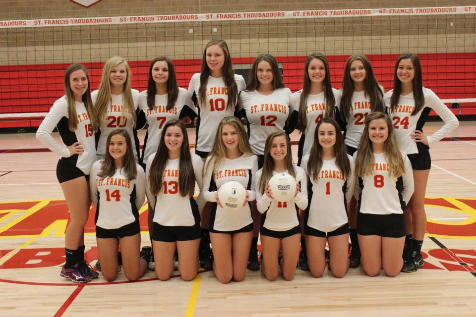 2015 St. Francis JV Volleyball Team: Front Row (L to R): Gracie Hause, Shannon Kane, Maggie Malaney, Camielle Enes, Aubrey Kenny, Abby Erckenbrack. Back Row (L to R): Jessica Ponik, Kristine Runnberg, Lauren Dodier, Carly Deterding, Mady Enos, Claire Mellberg, Julianne McElderry, Aine Colgan.