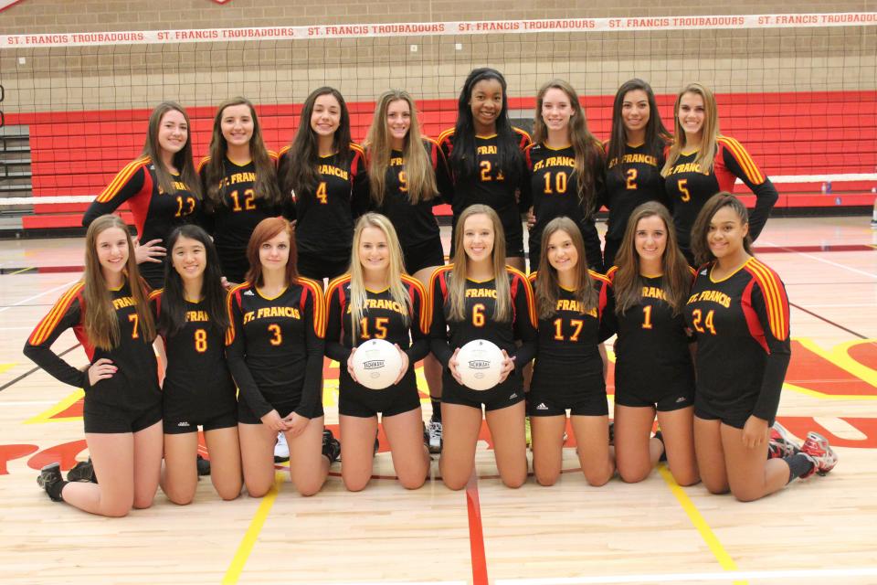 2015 St. Francis Varsity Volleyball Team: 
First Row (L to R): Madelyn Schildmeyer, Taylor Ngo, Olivia Birmingham, Bailey Avery, Kelsey Grover, Emily Davis, Abby Fitzgerald, J.J. Smith. Back Row (L to R): Nina Sanfilippo, Jessica Gianulias, Kathryn Kramer, Clare Barbe, Aiyu Aimufua, Claire Schutz, Ashlynn Fresques, Carly Simpson.
