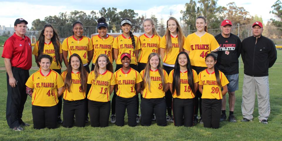 2015 St. Francis Varsity Softball Team – Back Row (L to R): Co-Head Coach Al LoGiudice, Jada Kanemasu, Shelby Tevis, Akeylah Moses, Mel Baccay, Emily Ainsley, Kristen Hanf, Kelsea Williams, Assistant Coach Ken McGuire, Assistant Coach Dan Garcia. Front Row (L to R): Lauren Washburn, Isabela Garcia, Brittney Sazaki-Walker, Danika Bailey, Hannah Willover, Mary Baccay, Sammy Tran. Not Pictured: Rhyann O’Mara. Not Pictured: Rhyann O’Mara, Sophia Chavez.