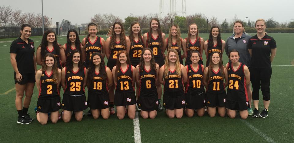 2016 St. Francis Varsity Lacrosse : Back Row (L to R): Rhyann O’Mara, Maggie Pinkston, Jade Borg, Kelly Chavez, Erika Palmer, Megan Hoffeditz, Marin Anderson, Avery Myers, Kate Macintyre. Back Row (L to R): Assistant Coach Sara Fitzsimon, Grace Passantino, Kismet Gill, Sarah Brust, Zoe Pearlman, Maggie Anderson, Hailey Bailey, Sarah Westover, Juliette Vielhauer, Meg Anderson, Co-Head Coach Julia Southard and Co-Head Coach Spenser Brown Ruvalcaba.