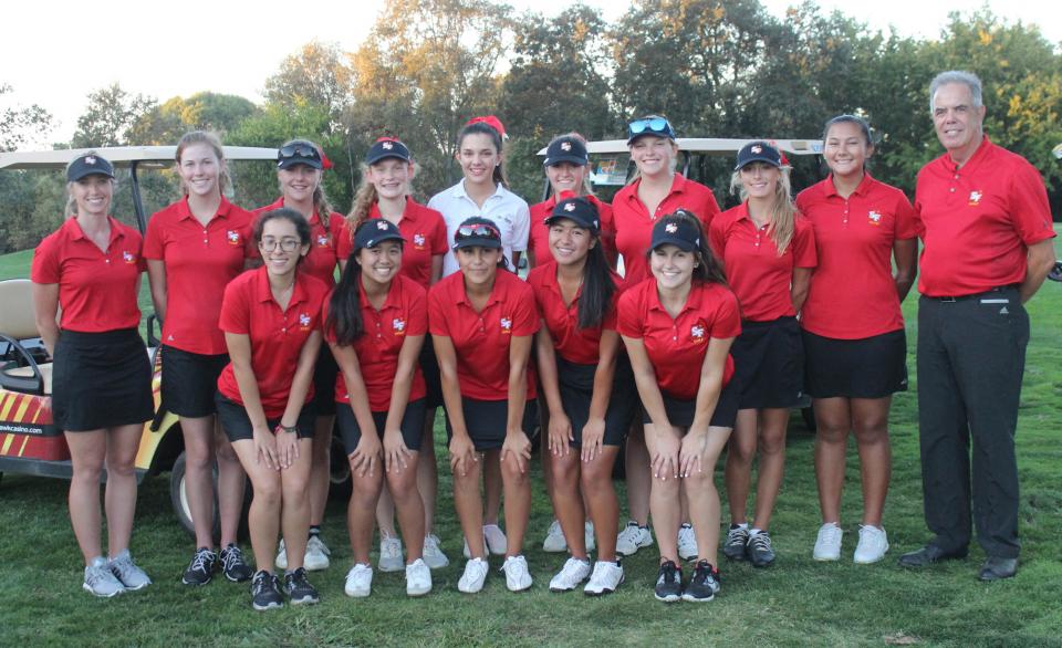 2016 St. Francis Varsity Golf: Front Row (L to R): Arissa Vallejo, Amanda Siy, Nashla Aguero, Oliva Alcoran, Julia Endicott. (Back Row (L to R): Assistant Coach Brittany Riggs, Tayloe Boe, Patricia Sweeney, Adrienne Graybill, Jordan Falconer, Lauren Liberatore, Lauren Allen, Chase, Saca, Cece Fletcher, Head Coach Bert Jones.