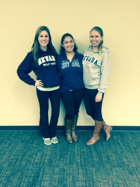 A few of our amazing alumnae who now attend University Nevada Reno. The 24's never made it to them due to weather... but they sent us a support photo away!  Pictured: Sarah Ainsworth '12,  Isabella Houston '12, Megan Bigelow '12. 