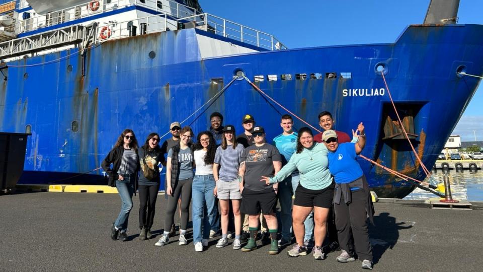 The STEMSEAS crew poses in front of Sikuliaq, the offshore research vessel they called home for six days.  St. Francis Catholic High School Sacramento, CA
