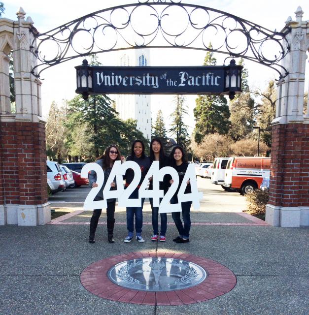 Four of our esteemed alumnae on The University of the Pacific campus are proudly supporting 24/24/24.Pictured: Edna Rush '12, Ashleigh Lowe '10, Rory Tokunaga '10 and Daniela Okino '10