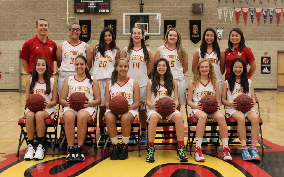 2014-15 Freshman Basketball Team: Back Row (L to R): Head Coach Ray Poncini, Rachel Huber, Kelly Kraeger, Morgan Kaeser, Camille Soloaga, Isabella Quiniolax, Assistant Coach Jasmine Florentino. Front Row (L to R): Bianca Escoto, Saleena Ordorica, Anna Huber, Alexis Areias, Adrienne Graybill, Sarah Huang.