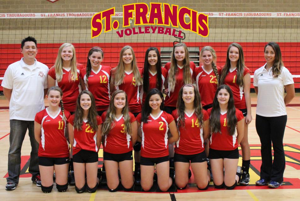 2014 St. Francis Freshmen Volleyball Team: Front Row (L to R): Sidney Clymer Engelhart, Lauren Sylvester, Gracie Hause, Marisa Yamada, Morgan Kaeser, Molly Wilson. Back Row (L to R): Head Coach Lawrence Whang, Kristine Runnberg, Shannon Kane, Maddie Brown, Jessica Walke, Lauren Dodier, Maggie Malaney, Caire Mellberg, Assistant Coach Cassie Loessberg.