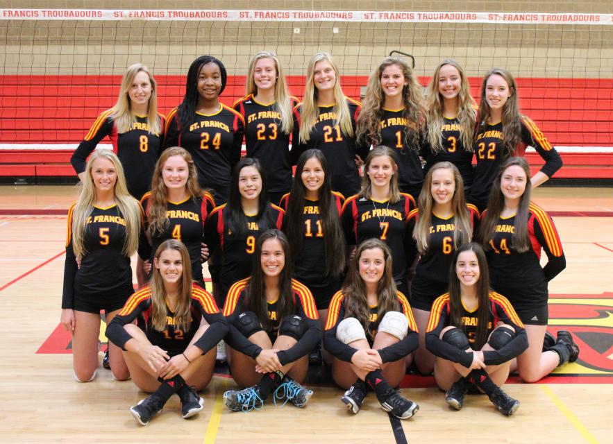 2014 St. Francis Volleyball Team First Row (L to R): Carly Simpson, Maddy Miller, Abby Fitzgerald, Marie Rhoads. Middle Row (L to R): Lizzy Corfee, Emily Peters, Candice Reynoso, Ashley Sutter, Mary-Kate Schildmeyer, Kelsey Grover, Nina Sanfilippo. Back Row (L to R): Marissa Gollnick, Aiyu Aimufua, Sydney Ranker, Carey Fuchs, Anna Donald, Kylie Green, Claire Schutz. 