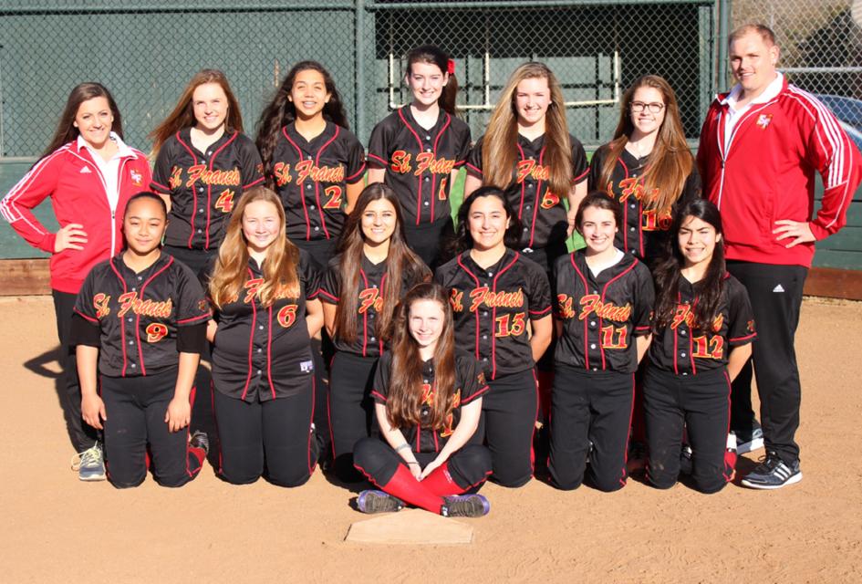 2015 St. Francis Junior Varsity Softball Team – Back Row (L to R): Head Coach Mary Alex Mumper, Ashley-Paige Pierce, Maya Solis, Nicole Plumb, Kennedy Hornbuckle, Mary Baez, Assistant Coach Tanner VanMeter. Second Row (L to R): Lavina Kaihea, Sam Garaygay, Lauren Hernandez, Zarah Bronstein, Victoria Cimino, Victoria Jacobo. First Row: Annie Pettibone.