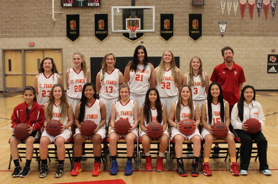 2014-15 St. Francis Junior Varsity Basketball Team: First Row (L to R): Manager Rica Baccay, Luna Mauldin, Maryael Ramos, Amara Allen, Reina Deol, Avery Myers, Mary Baccay, Manager Reanalyn Montemayor. Back Row (L to R): Skylar Maccoun, Maggie Malaney, Marlee Nicholos, Clare Brennan, Steffi Keene, Head Coach Gary Ender.