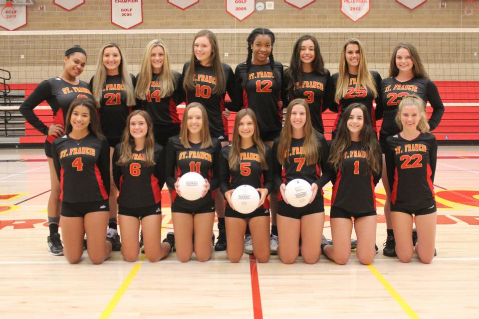 2016 St. Francis Volleyball Team: First Row (L to R): Alexa Edwards, Gracie Hause, Kelsey Grover, Emily Davis, Madelyn Schildmeyer, Aubrey Kenny, Maggie Malaney. Second Row (L to R): JJ Smith, Jessica Gianulias, Claire  Barbe, Carlie Deterding, Aiyu Aimufua, Kathryn Kramer, Carly Simpson, Mady Enos.