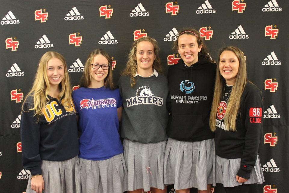 Five St. Francis seniors signed to play soccer in college next fall and were celebrated at a ceremony on campus Wednesday morning. (From L to R) Hailey Barrett (UC Santa Barbara), Aly Barr (Williams Jessup), Erin Barr (The Master’s College), Rhys Wynbrandt (Hawaii Pacific) and Ashley Newland (Louisiana at Lafayette).