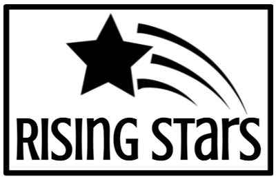 Black shooting star on a white background with the words "rising stars" in black text..
