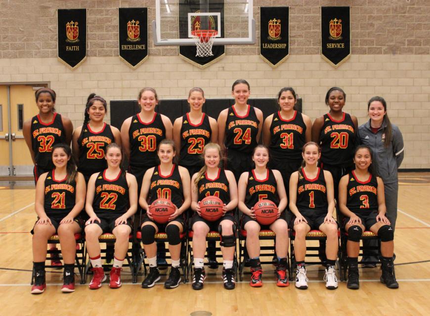2014-15 St. Francis Varsity Basketball : Back Row (L to R): Aliyah Williams, Juliana Cerezo-Rangel, Julia Razo, Kyra Huffman, Lauren Craig, Angie Ortiz, Ugonne Okugo, Maddie Haynes. Front Row (L to R): Paige Tranchina, Isabel Soloaga, Susie Rogers, Katy Glime, Janae Fairbrook, Yvonna Molodanof, Maureen Cobile.